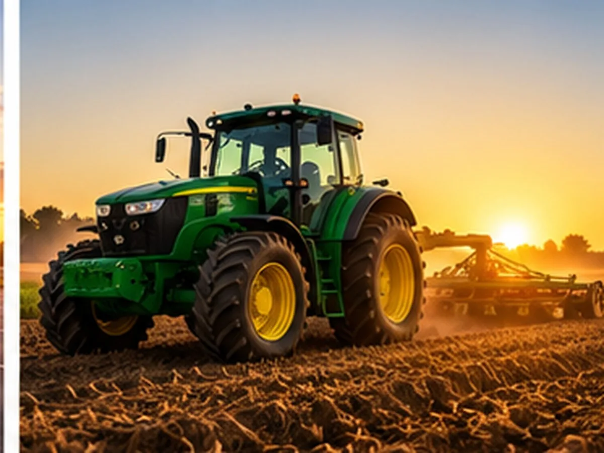 Trator verde puxando grade sobre solo preparado ao nascer do sol, representando máquina agrícola comprada com consórcio